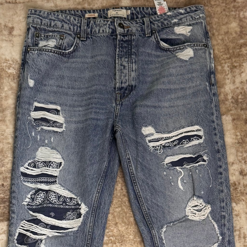 Topman Brand Distressed Straight Leg Stretch Denim In Lighter Blue 34